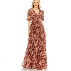 MAC DUGGAL Beige Mesh V-Neck Floral Dress